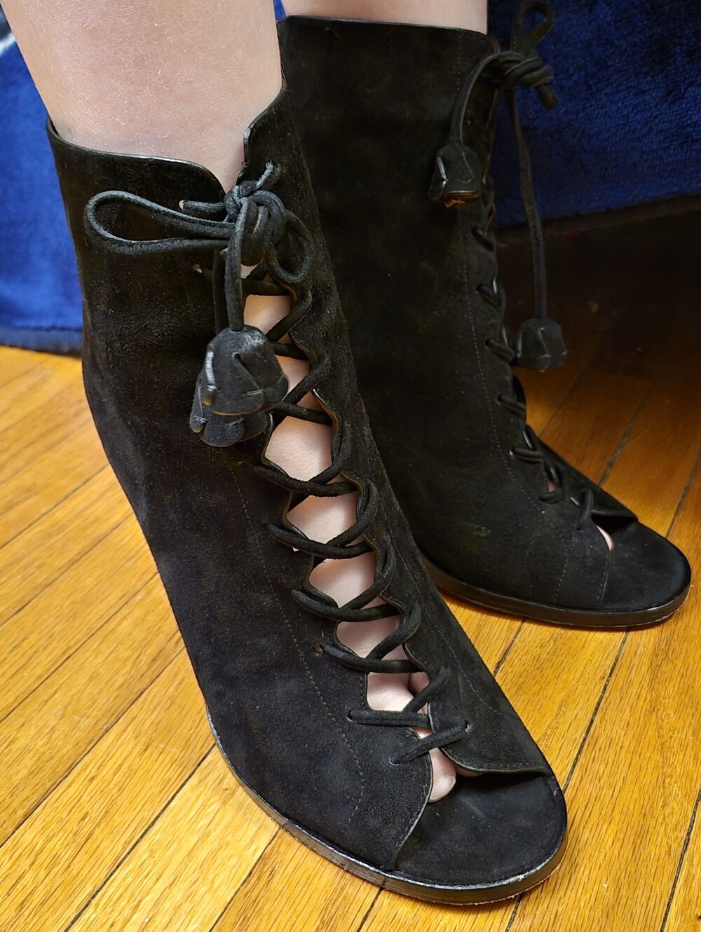 Coach Lena Lux Black Suede Peep Toe Booties Size 8.5